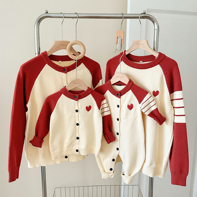 Picture of Family Dress 2025 Autumn Dress New Family of Three Contrast Color Bar Love Knitted Sweater Cardigan Jacket Family photo