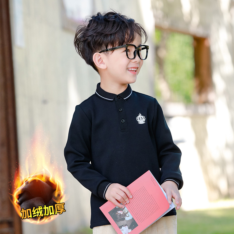 Boys' Long-sleeved T-shirt Fleece-lined Polo Shirt White Base Shirt for Middle and Big Children