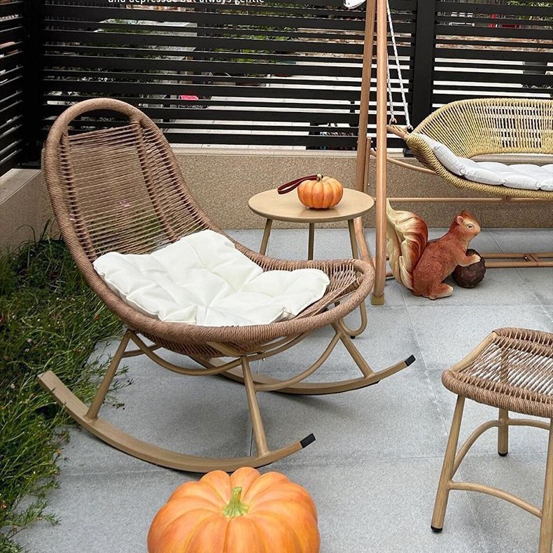 Casual Single Outdoor Rattan Chair Balcony Rocking Chair Garden Rocking Lounge Chair Home Lazy Living Room Courtyard Rattan Adult