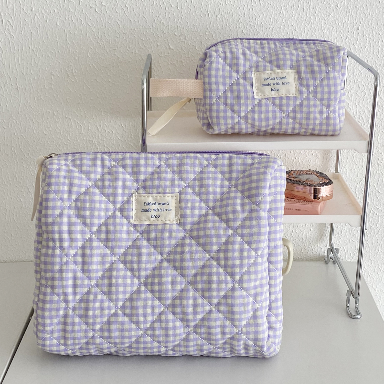 Picture of Redberry Plaid Cosmetic Bag, Simple, Large-Capacity and Good-Looking Student Cosmetics Storage Bag, Cotton Quilted Toiletry Bag