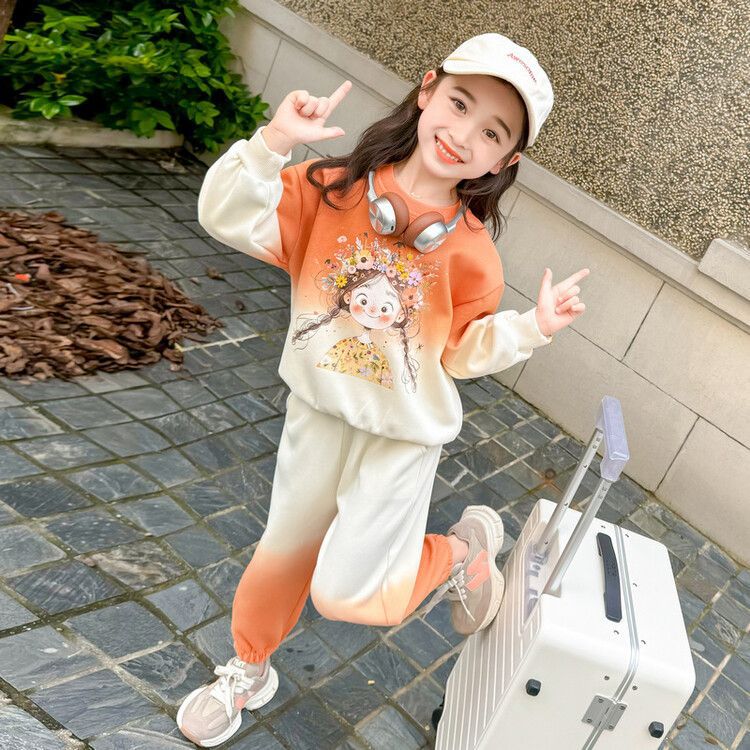 Picture of Girls Casual Gradient Suit Baby Girl Cartoon Sweatshirt Spring Autumn Winter Clothing Little Girl Fashionable Two-Piece Set Trendy Ready Stock