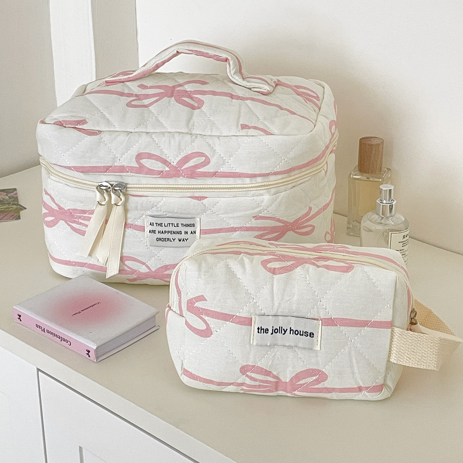 Cross-border Pink Line Bow Makeup Bag Student Portable Large Capacity Quilted Sweet Hand Wash Bag