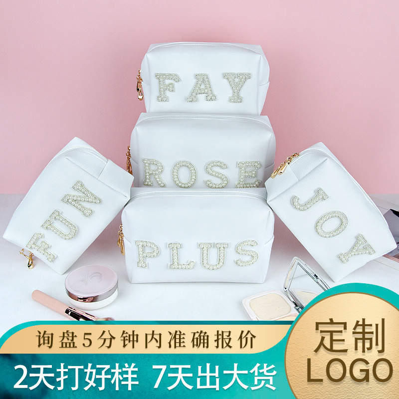 Cross-border Hot Selling Chanel Style diy Pearl Alphabet Paste Cosmetic Bag Women pu Cute Personality Zipper Clutch Custom