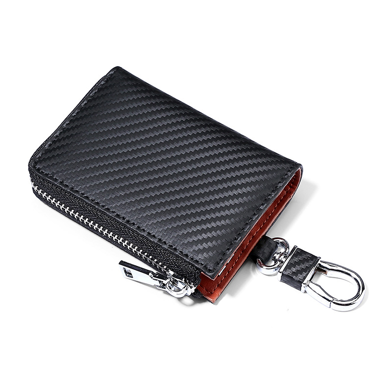 Picture of Matte Carbon Fiber Pattern Leather Key Case Men's Multifunctional Contrast Color Zipper Cowhide Key Chain Card Holder 2-in -1