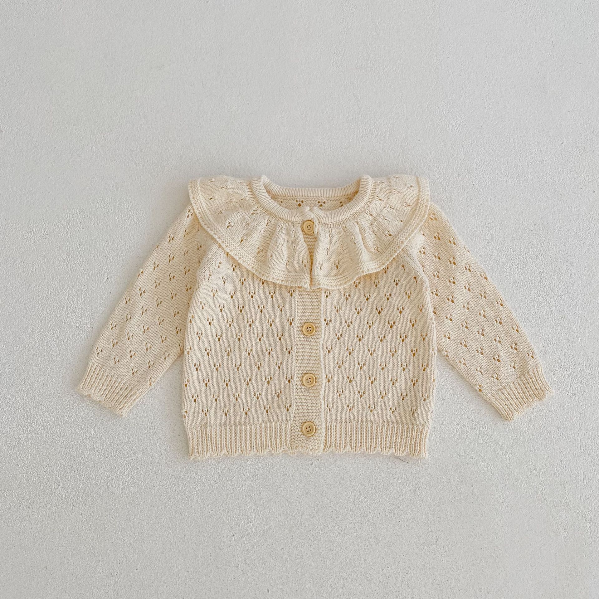 Picture of 2025 Autumn and Winter Style 0-3 Year Old Baby Girl Cotton Yarn Knitted Cardigan Lotus Leaf Collar Cut Out Long-Sleeved Sweater Jacket