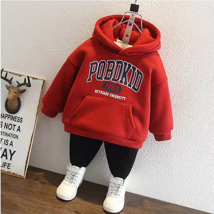 Picture of Children's Winter Clothing for Boys, Hooded Sweatshirt with Fleece, Thickened Winter Outfit for Toddlers and Young Children, Integrated Fleece Top, Children's Warm Jacket