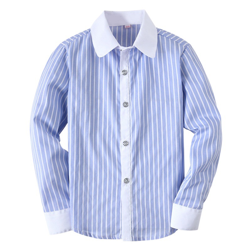 Children's Long Sleeve Cotton Shirt Blue Striped Boys and Girls School Uniform Shirt for Middle School Students