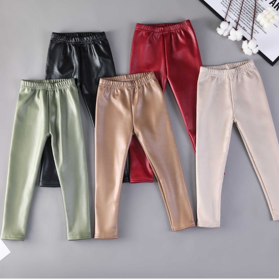 Picture of Children's Imitation Leather Pants, Girls' Candy-Colored Autumn and Winter Velvet Thickeneded Leggings, Warm Pants, Baby Girl's All-In-One Pants