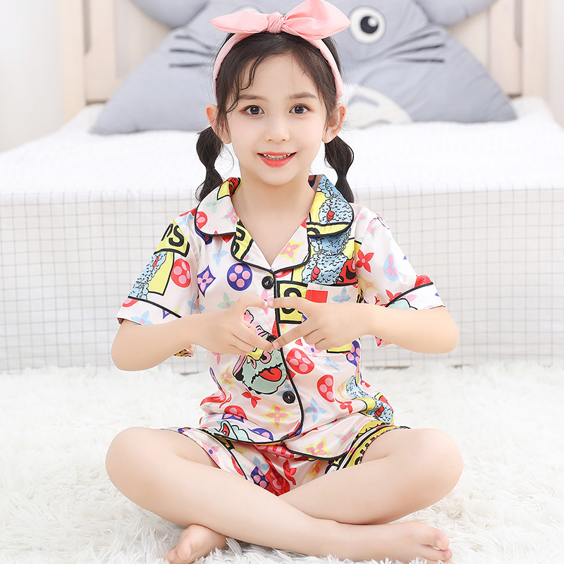 Picture of European and American Foreign Trade Children's Silk Cute Cartoon Pajamas Summer Short-sleeved Loose High-elastic Satin Home Clothes for Boys and Girls