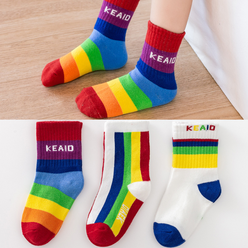 Children's Socks, Boys and Girls, Baby Mid-Calf Socks, Winter Cotton Socks, Korean Rainbow Socks, Spring & Fall Personalized Trendy Brand Socks