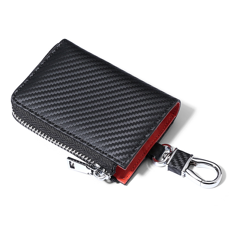 Picture of Matte Carbon Fiber Pattern Leather Key Case Men's Multifunctional Contrast Color Zipper Cowhide Key Chain Card Holder 2-in -1