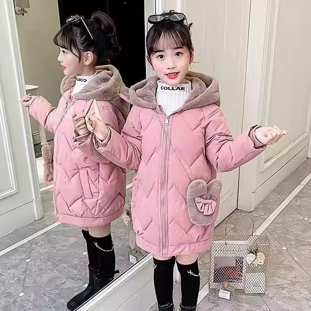 Girls' winter coat medium and large children girls' mid-length fleece-lined Western style cotton-padded clothes girls' thickened fashion cotton-padded clothes New