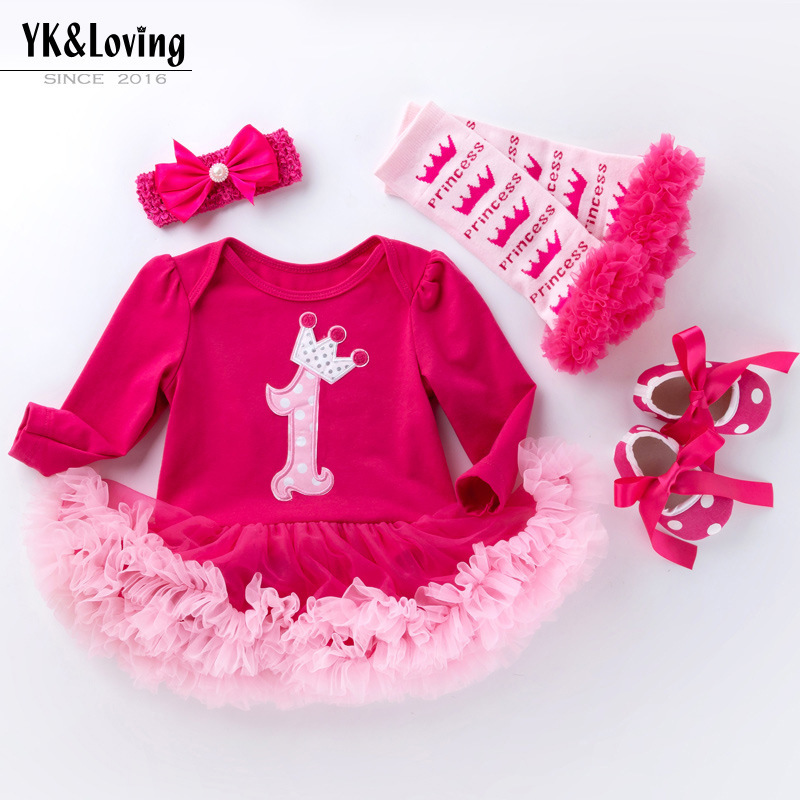 Cross-border foreign trade baby long-sleeved one-piece dress baby pink yarn dress socks suit girls' holiday children's dress 4-piece set