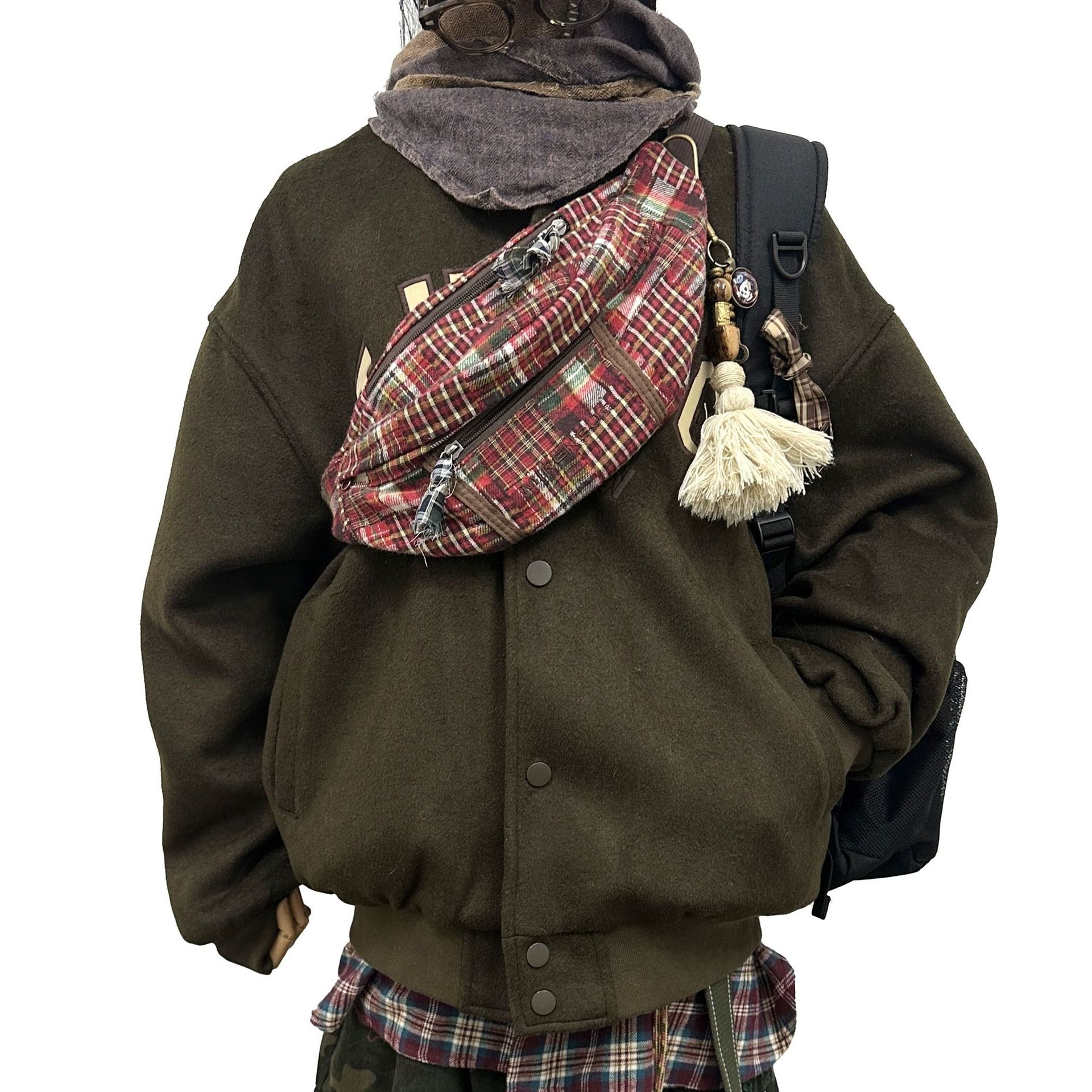 Picture of Mirenbu Charming Cloth Plaid Retro Waist Bag Vintage Style Old Multi-Functional Bag Crossbody Bag Chest Bag for Men and Women