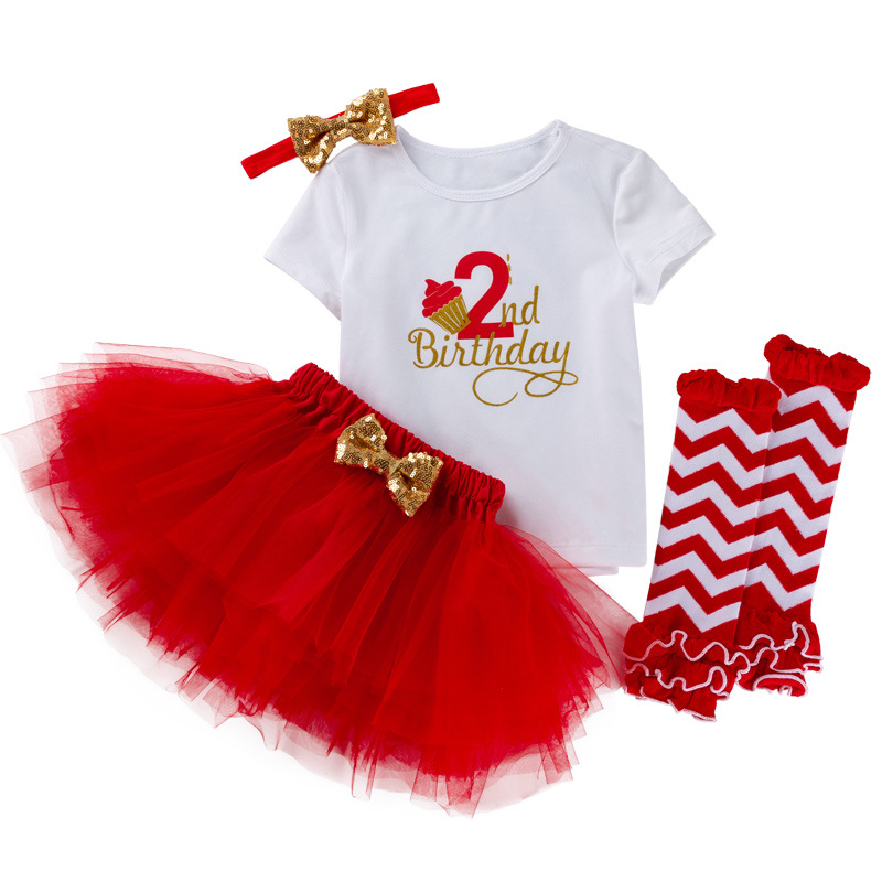 Picture of Cross-border Amazon European and American baby girls' birthday clothes 4-piece letter short-sleeved T-shirt princess dress socks suit