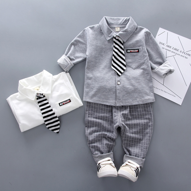Spring new Korean version of new children's clothing Korean version of boys and girls Children's suit children's long sleeve two-piece bow tie shirt wholesale tide