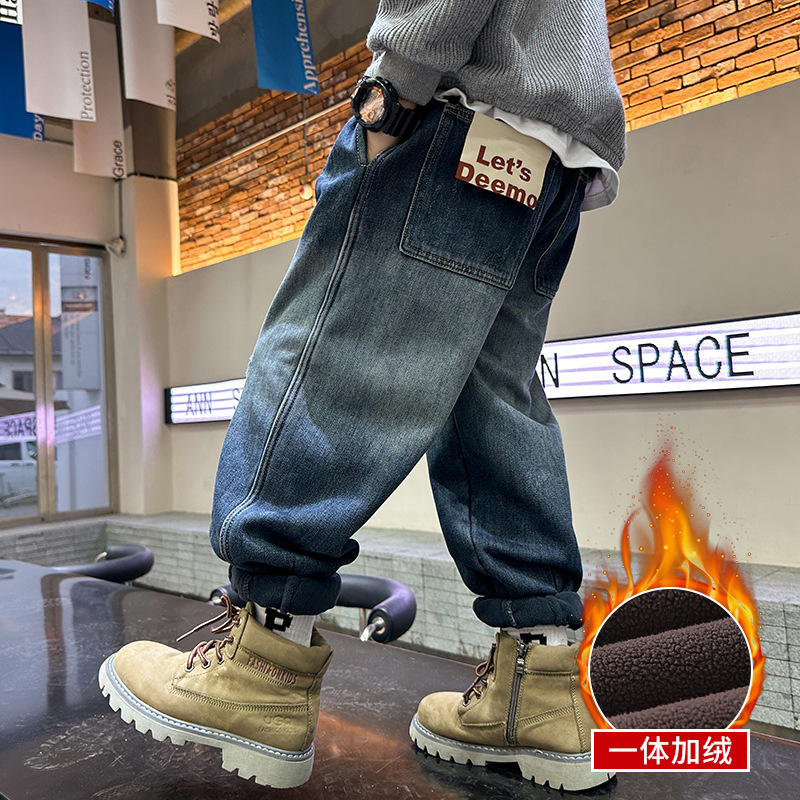 Picture of Boys' Pants Autumn and Winter 2025 New Style for Older Children, Boys' Winter Casual Pants, Children's Fleece-Lined Thickened Jeans