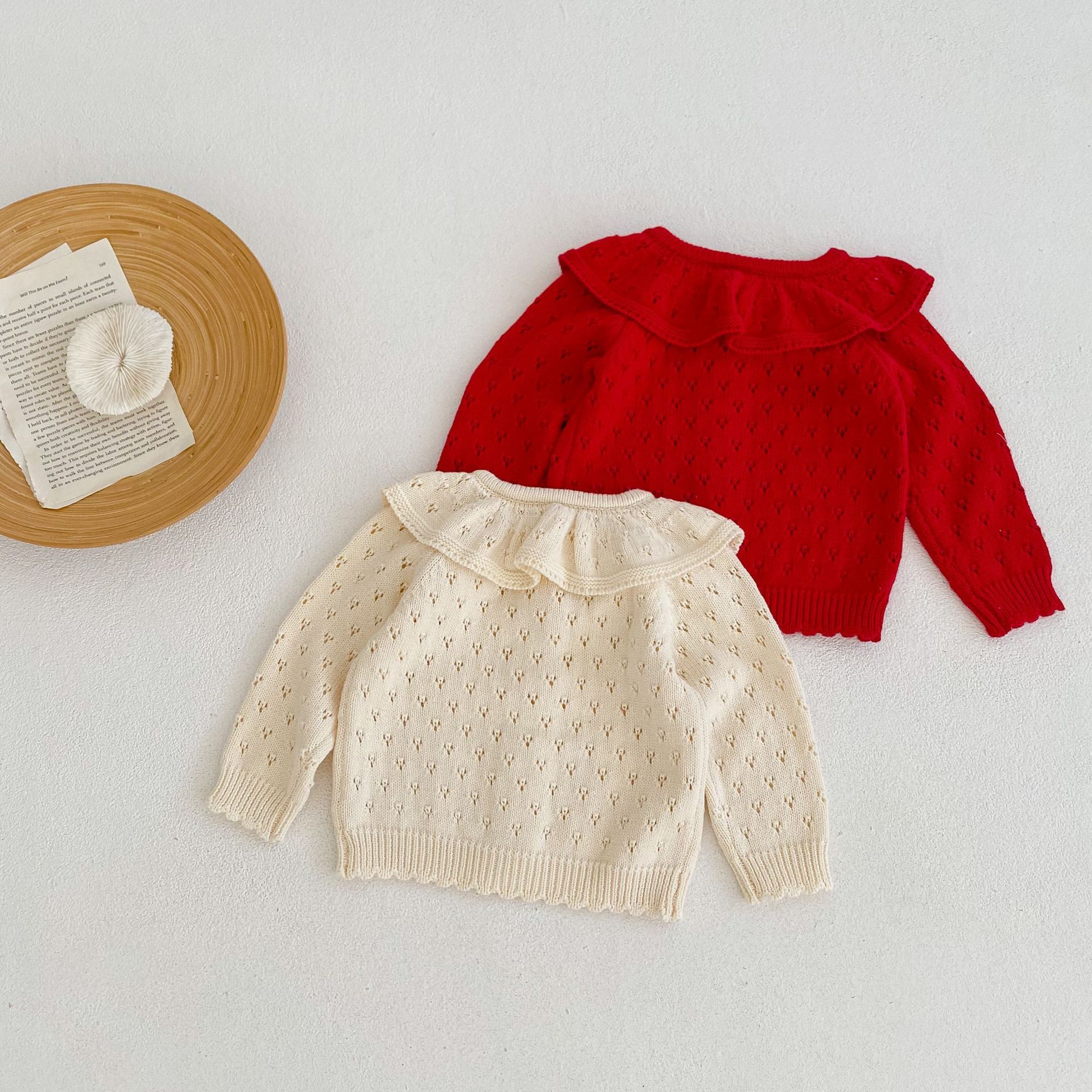 Picture of 2025 Autumn and Winter Style 0-3 Year Old Baby Girl Cotton Yarn Knitted Cardigan Lotus Leaf Collar Cut Out Long-Sleeved Sweater Jacket