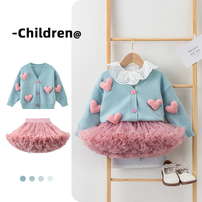 Picture of Spring New Girls knitted casual cute love cardigan outer wear fashion sweater tutu skirt matching suit