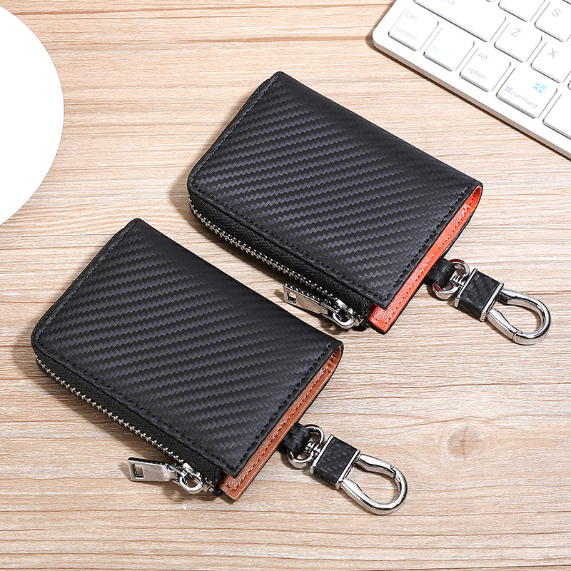 Picture of Matte Carbon Fiber Pattern Leather Key Case Men's Multifunctional Contrast Color Zipper Cowhide Key Chain Card Holder 2-in -1
