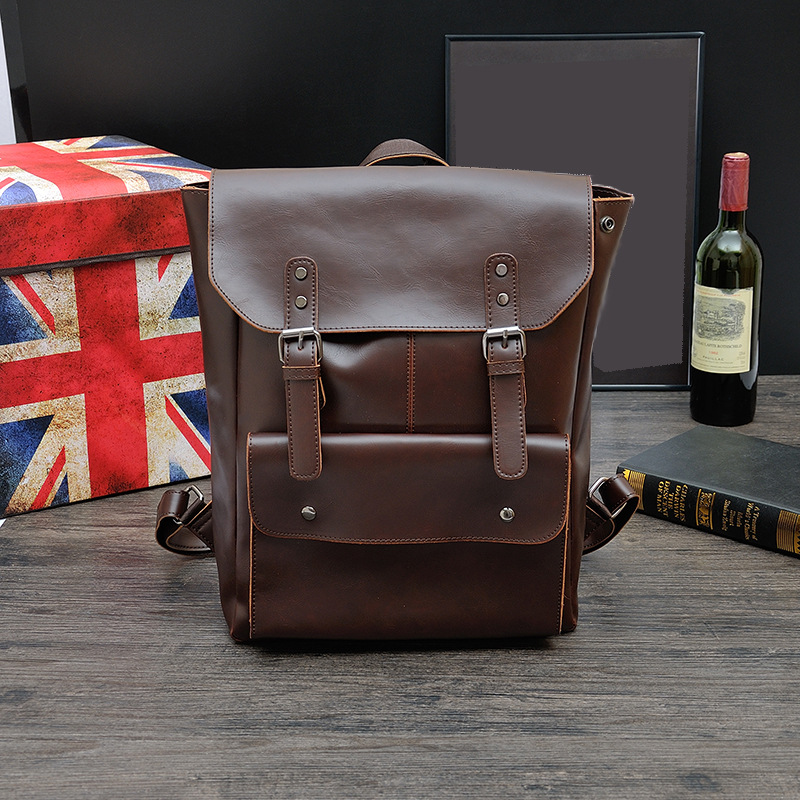 Picture of 2025 New Korean Style Trendy Casual Backpack Men's Bag Women's Retro Backpack Middle School Student School Bag Travel Bag Crazy Horse Leather