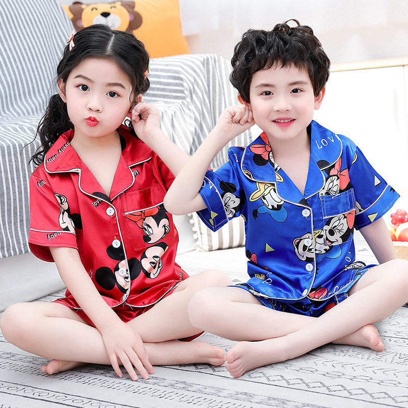 Picture of European and American Foreign Trade Children's Silk Cute Cartoon Pajamas Summer Short-sleeved Loose High-elastic Satin Home Clothes for Boys and Girls