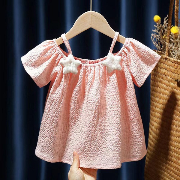 Picture of Girls' short-sleeved T-shirt 2024 new summer baby girls' off-shoulder strap fashionable western style top for infants and children