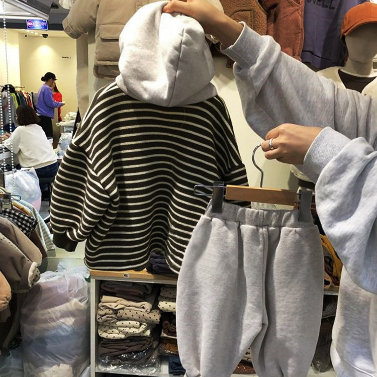 Picture of Children's Korean-style Suit New Men's and Women's Baby's Autumn and Winter Clothes Color-matching Fleece Terry Striped Sweat Trousers Suit