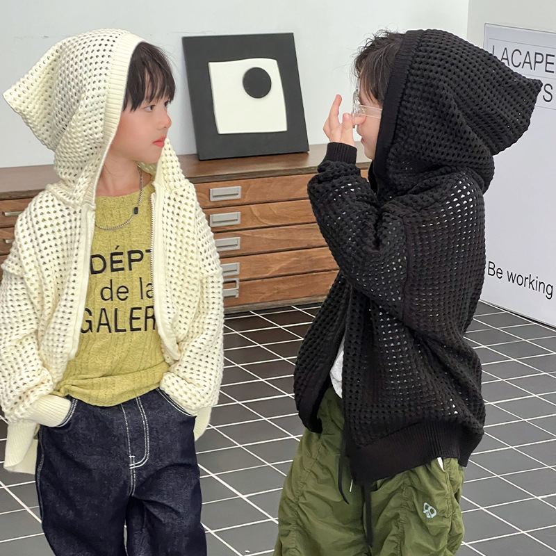 Picture of Children's Cut Out Knitted Cardigan Spring Korean Fashion Medium and Large Kidsren's Hooded Zipper Shirt Boys Pure Color Mesh Jacket