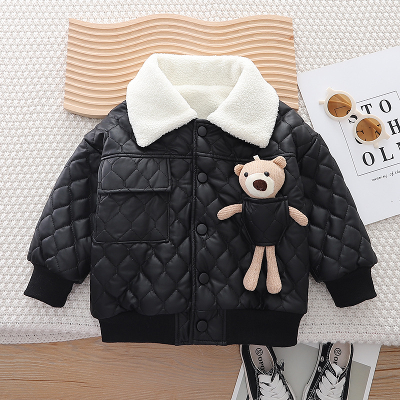 Picture of Children's Leather Cotton-padded Coat Winter 2023 New Boys Korean Style Lapel fleece-lined Thickened Cartoon Cotton-padded Coat Trendy