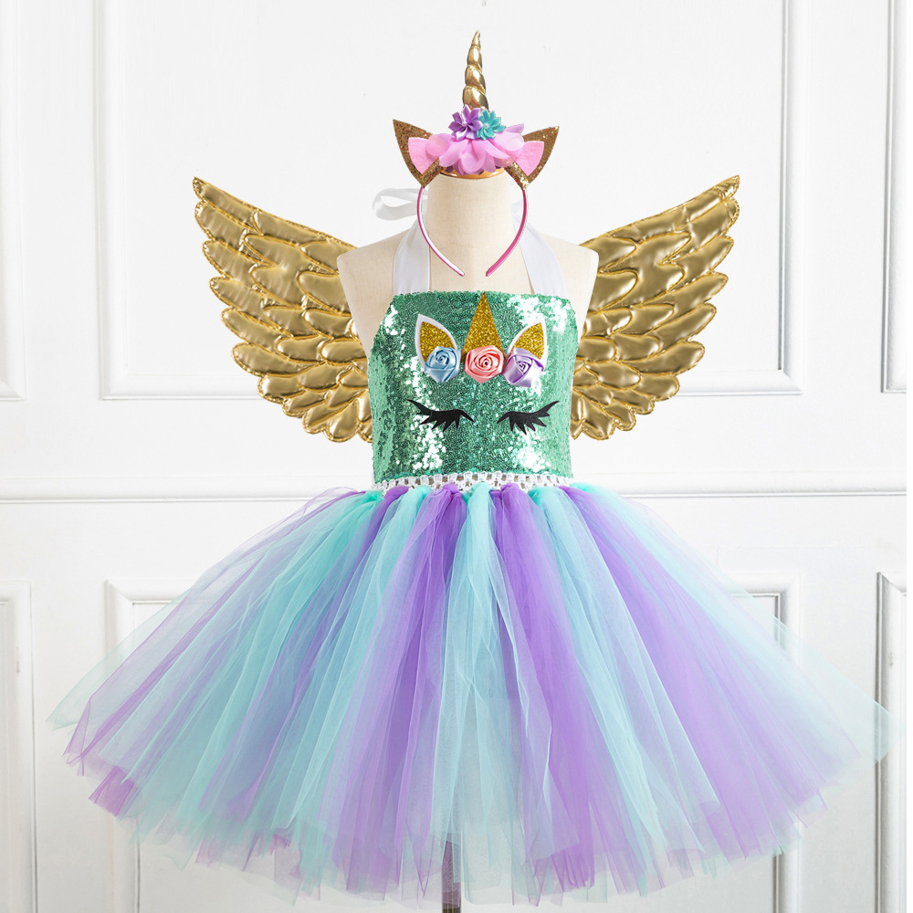 Picture of European and American Children's Clothing Sequin Mesh Handmade Girl's Dress Children's Performance Dress Princess Dress One-Corner Headwear