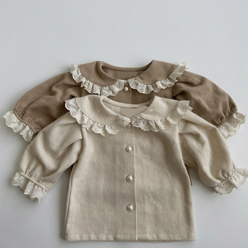 Picture of Ins Girls' Baby Spring New Style Shirt Top Western Style Lace Lace Long Sleeve Girls' Cardigan Shirt