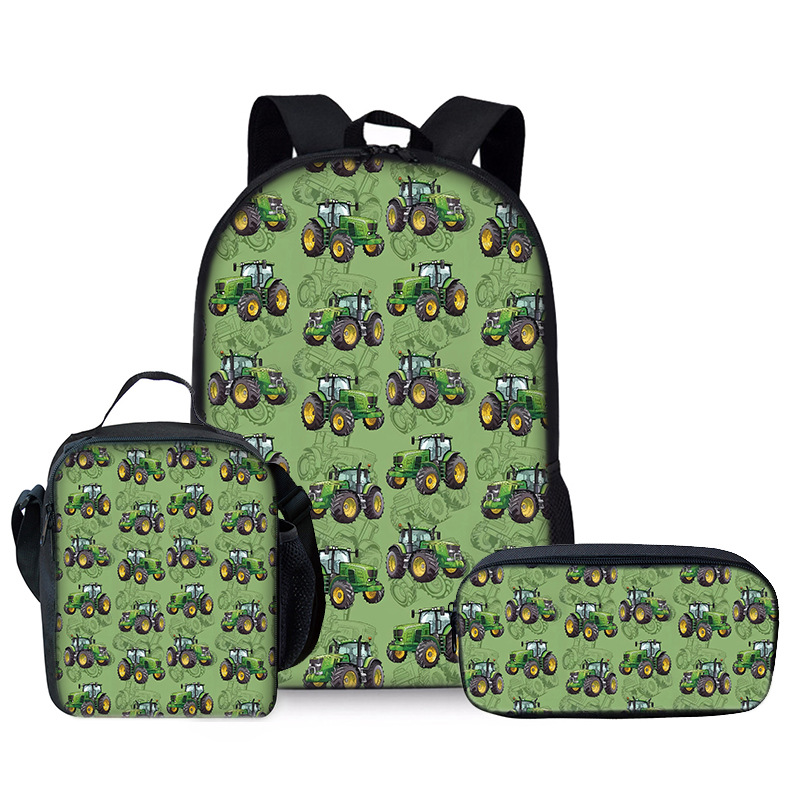 Excavator Primary School Student Backpack Three-piece DIY Printed Backpack Meal Bag Pencil Bag
