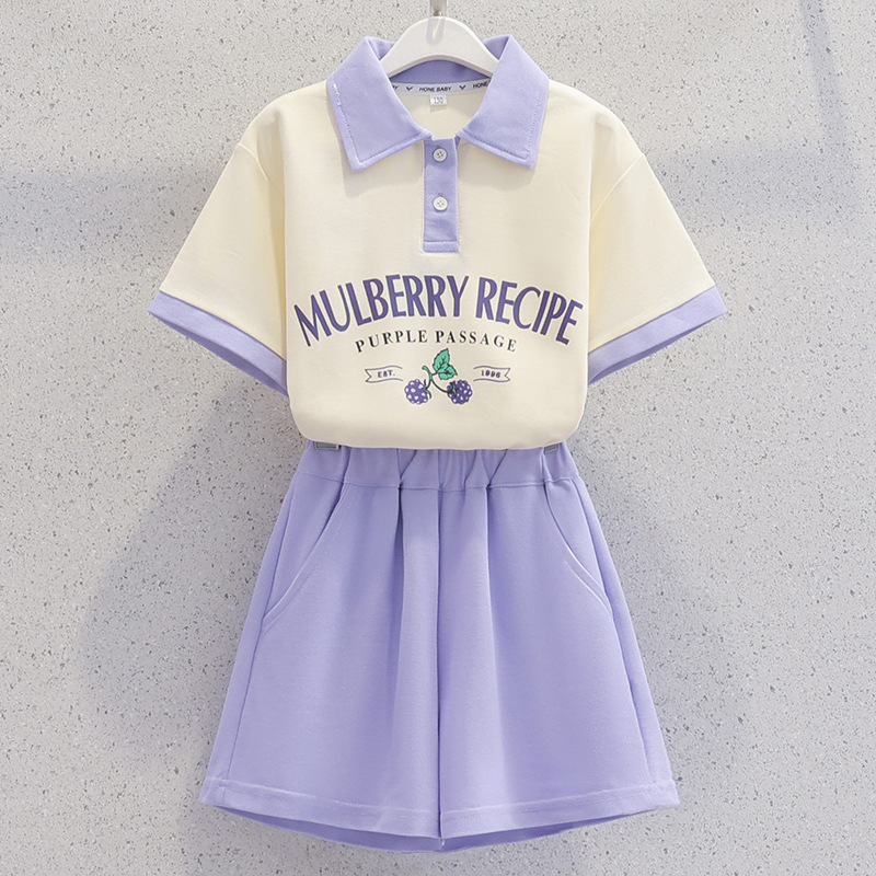 Picture of 230g Pique Double Yarn Girls Summer Short-Sleeved Suit 2025 New Casual Medium and Large Children Dopamine Two-Piece Set