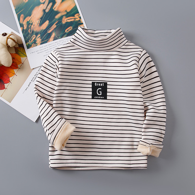 Picture of Children's Striped Fleece-Lined Thickened Base Shirt Turtleneck Top Middle Collar Single-Piece Half-High Collar Long-Sleeved T-Shirt for Boys and Girls
