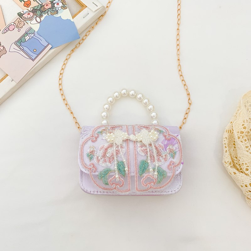 Picture of Ethnic Embroidered Children's Pearl Handbag Girl's Small Change Bag Fashion Cute Princess Chain Crossbody Bag