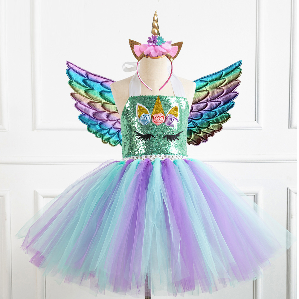 Picture of European and American Children's Clothing Sequin Mesh Handmade Girl's Dress Children's Performance Dress Princess Dress One-Corner Headwear