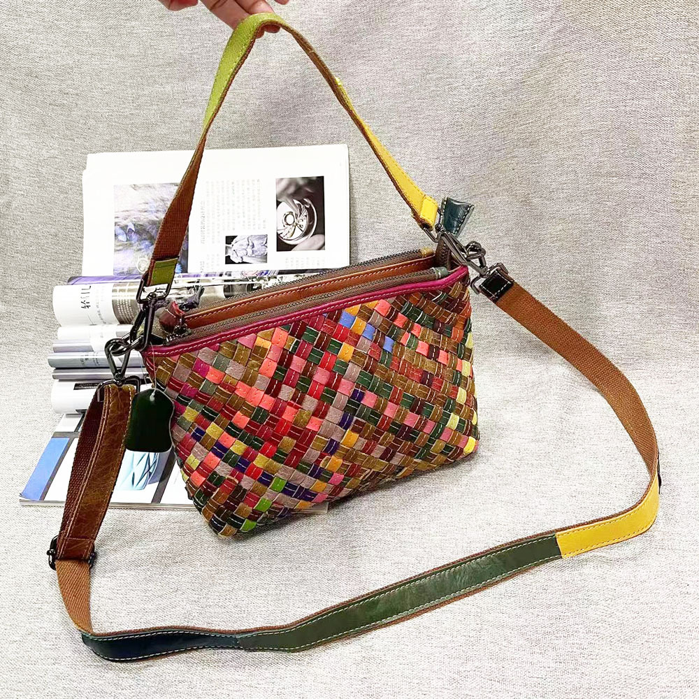 Cross-border Europe and the United States new women's bag leather woven portable messenger bag multi-layer zipper bag real leather bag a generation of hair