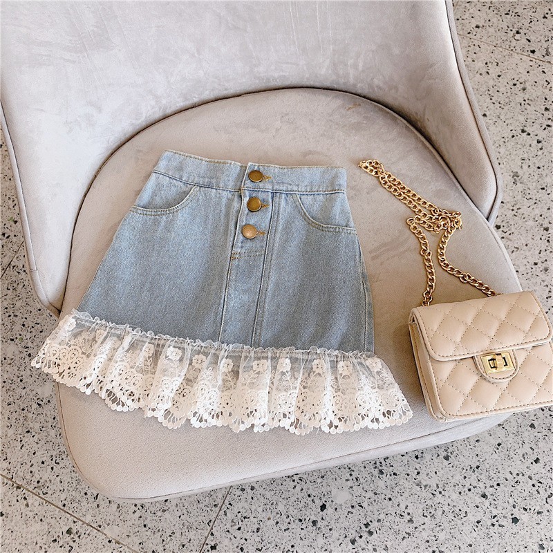 Picture of Girls denim skirt Korean denim stitching lace skirt denim skirt spot a generation of hair