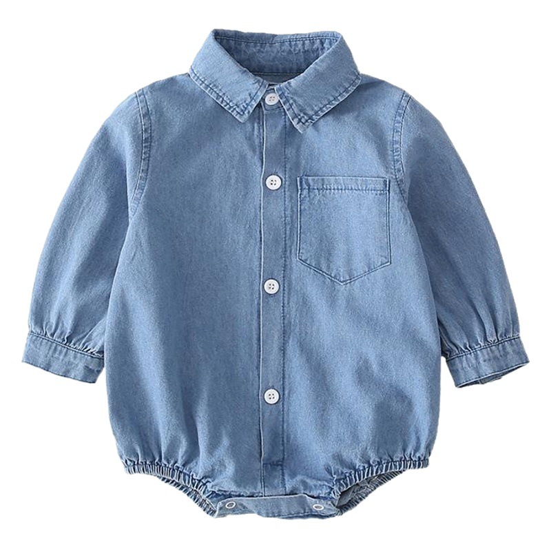 Baby jumpsuit spring and autumn dress baby girl denim shirt outer wear triangle climbing suit 5 princess 6 ha clothes 3 months 9