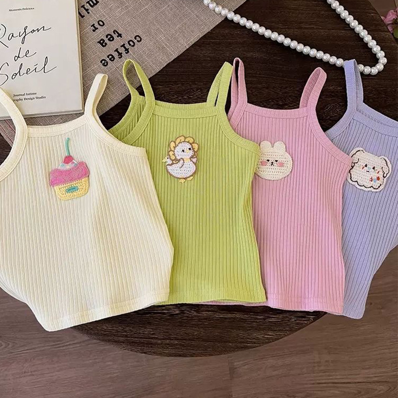 2024 New Sling Small and Medium-sized Children's Girls Summer Children's Sweet Cartoon Korean Style Candy Color Vest for Outer Wear Fashion