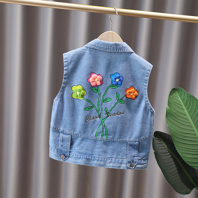Girls' Denim vest spring and autumn Korean style children's wool flower letters casual all-match Western style sleeveless coat