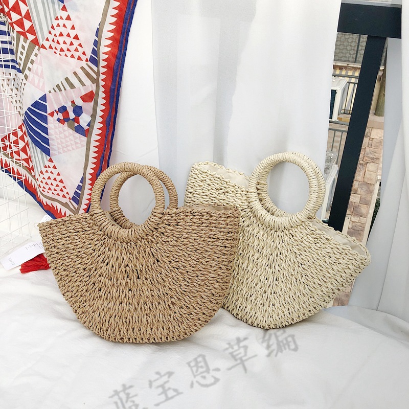 Picture of New semi-circular moon handbag hand-woven beach bag solid color all-match portable women's straw bag