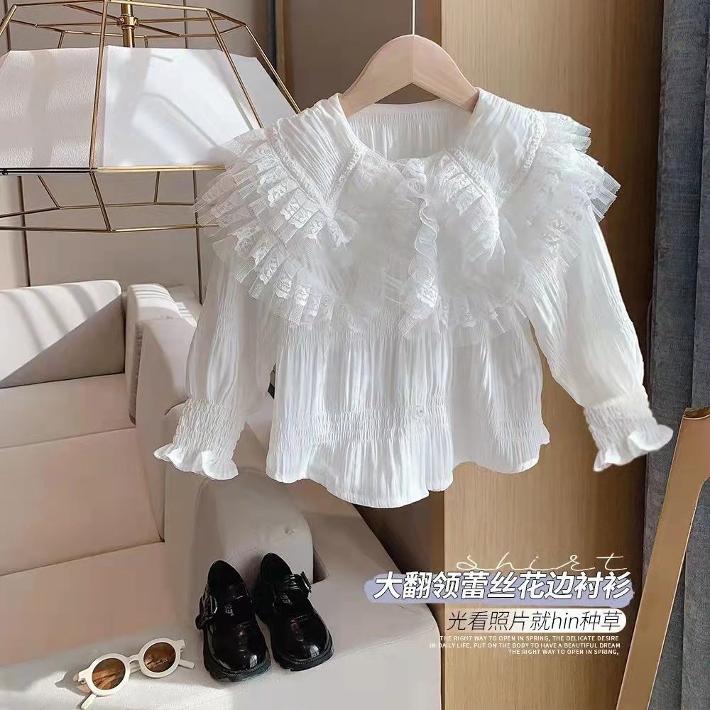 Picture of Girls' Shirt Children's Spring and Autumn Clothes Korean Style Western Style White Lace Shirt with Large Lapel for Baby Long Sleeve Top