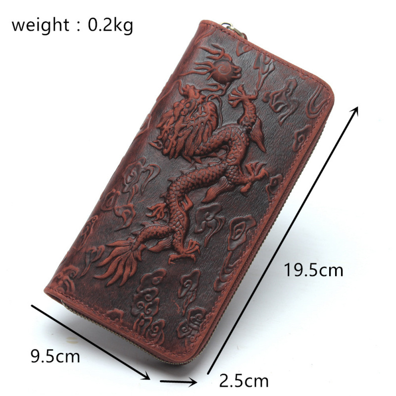 Picture of Shi Cangxin Vintage Crazy Horse Leather Dragon Pattern Wallet Embossed Genuine Leather Clutch Embossed Tiger Pattern Chain Card Bag