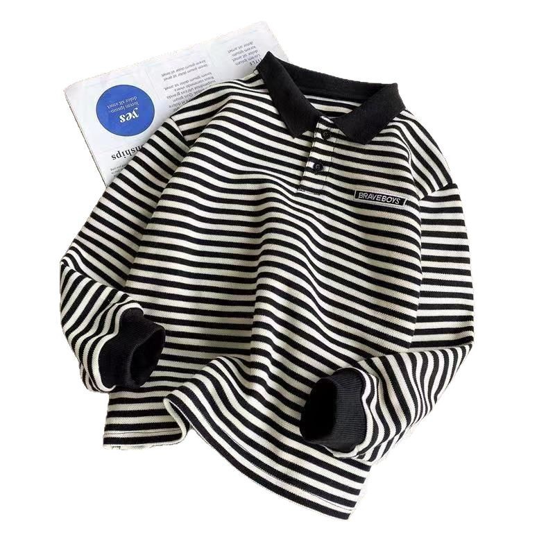 Picture of Spring and Autumn New Children's Long-sleeved POLO Shirt Black and White Striped Korean Top for Boys and Girls