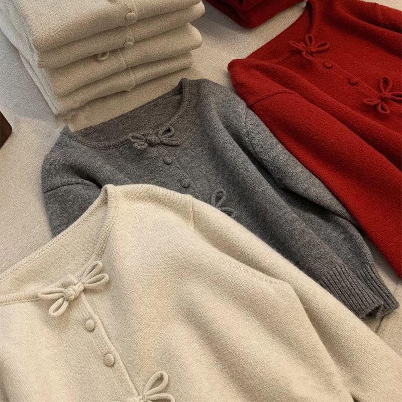 Casual Chinese Button Knitwear Cardigan 2025 Autum Little Girl Retro Design Bow Lazy Style Knitwear