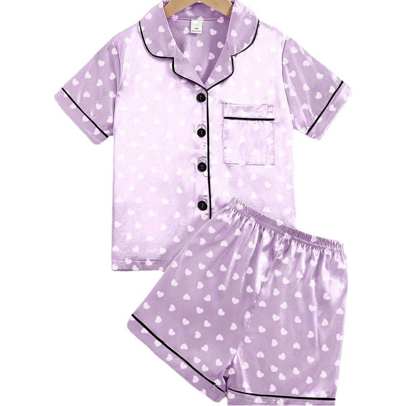 CUHK children's home clothing 2023 Summer new female baby short sleeve colored ice silk pajamas two-piece love printing