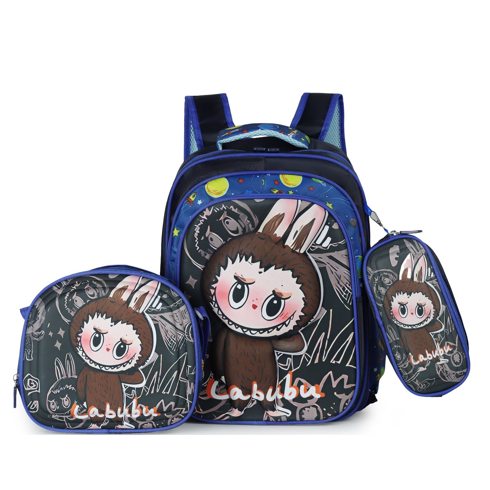 Picture of Cross-border three-piece children's schoolbag 16-inch sleeved pull rod large capacity 3D hard shell labubu kindergarten schoolbag