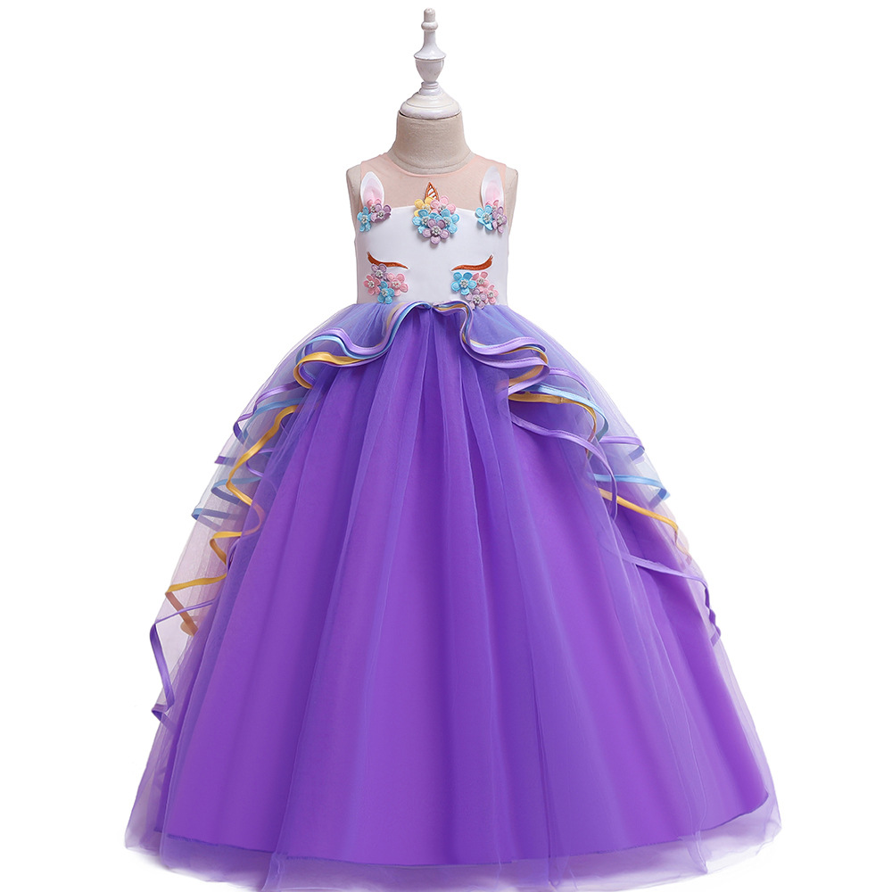 Picture of 2024 Older Children's Long Dress Colorful Mesh Cake Puff Skirt Unicorn Princess Dress Holiday Performance Dress